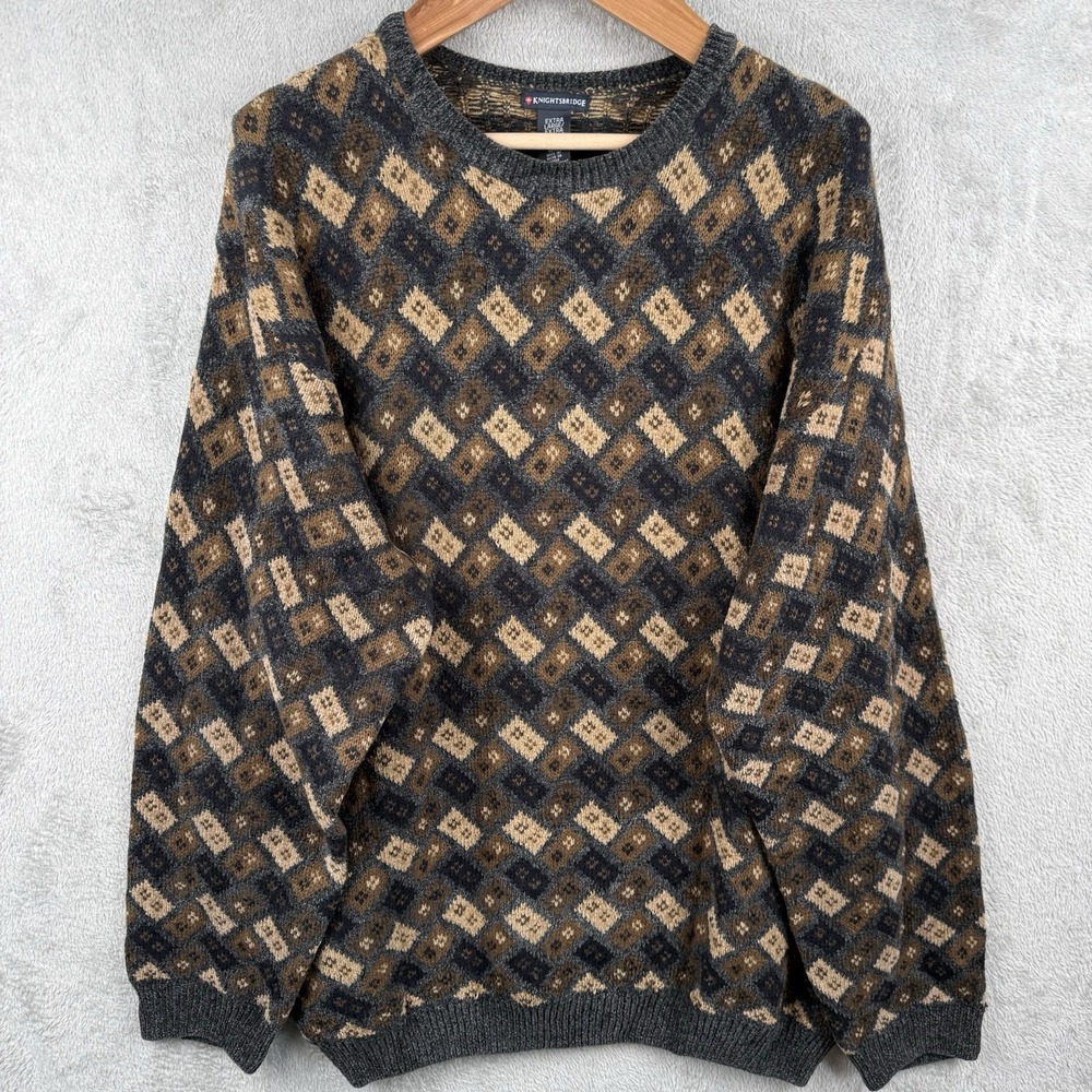 Knightsbridge Grandpa Argyle Crewneck Sweater Mens XL Chenille Vintage 90s